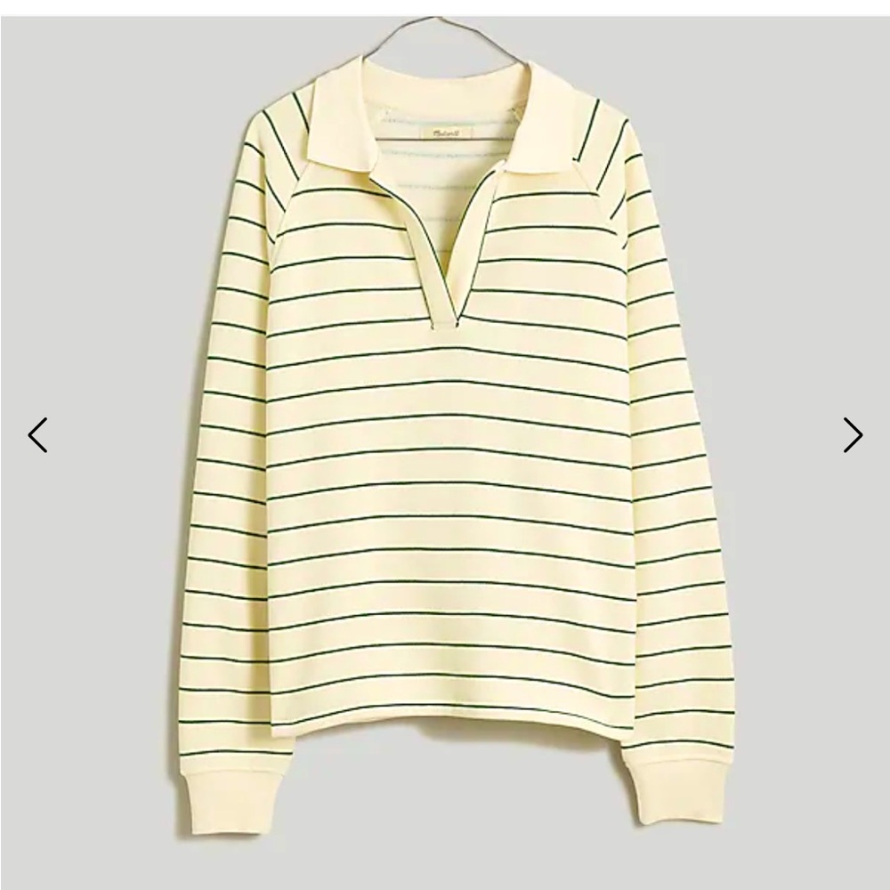 Madewell betterterry polo sweatshirt ~ cream / varsity green stripe Size S